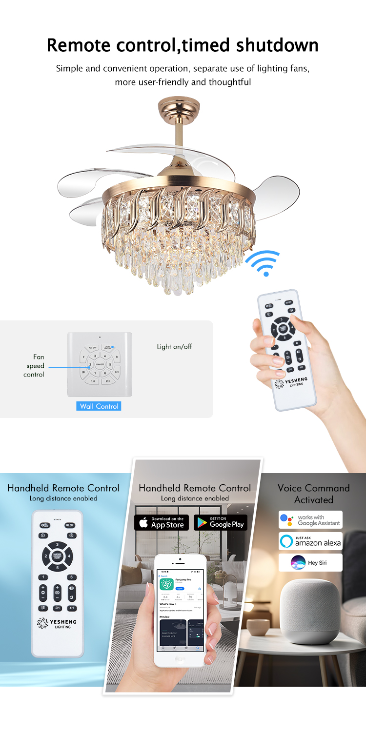 Y316 Crystal Fan Light Modern Reversible Ceiling Fan and Light Dimmable LED K9 Crystal Retractable Fan Light with Remote Control