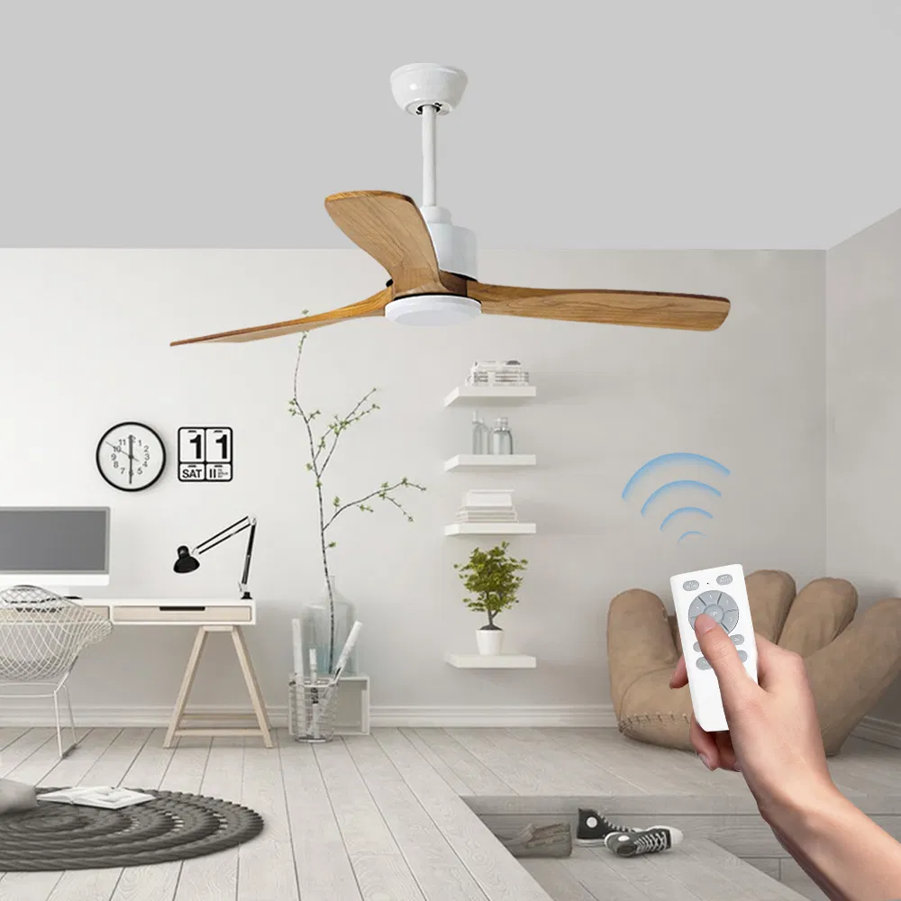 Remote-Controlled Solid Wood Ceiling Fan - White Body &amp; Light Wood Blades, Ideal for Living/Dining Room Cooling