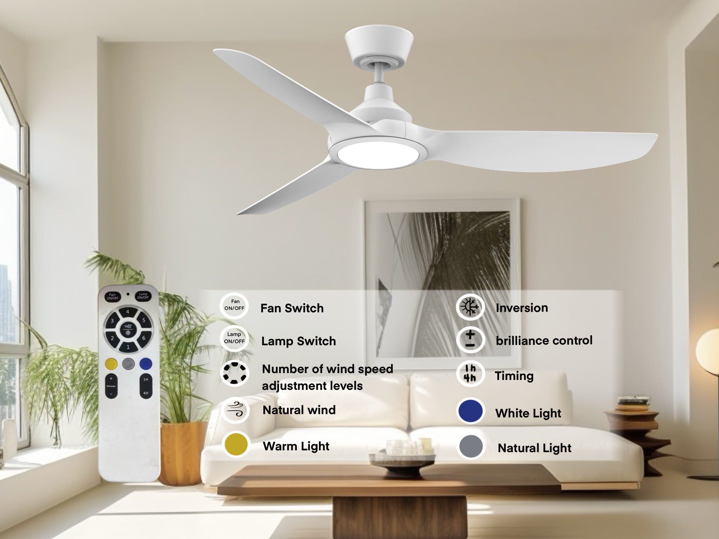 Modern 52-Inch White LED ABS Leaf Ceiling Fan Remote Control DC Motor Air Cooling Fan Energy Saving Quiet Design Light Bedroom