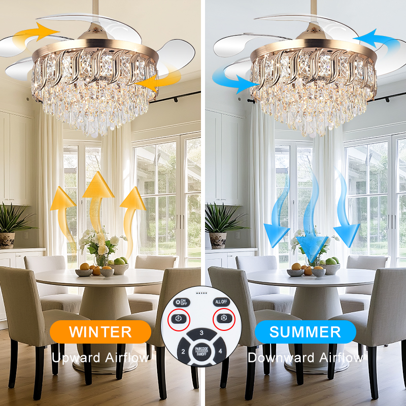 Y316 Crystal Fan Light Modern Reversible Ceiling Fan and Light Dimmable LED K9 Crystal Retractable Fan Light with Remote Control