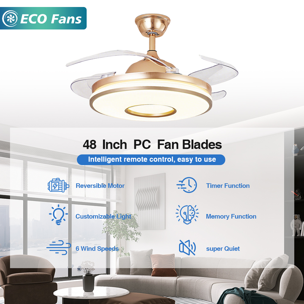 48 Inch Luxury Retractable Ceiling Fan With 4 Invisible Blades, Gold-Black Finish, LED Light And Smart Remote Control