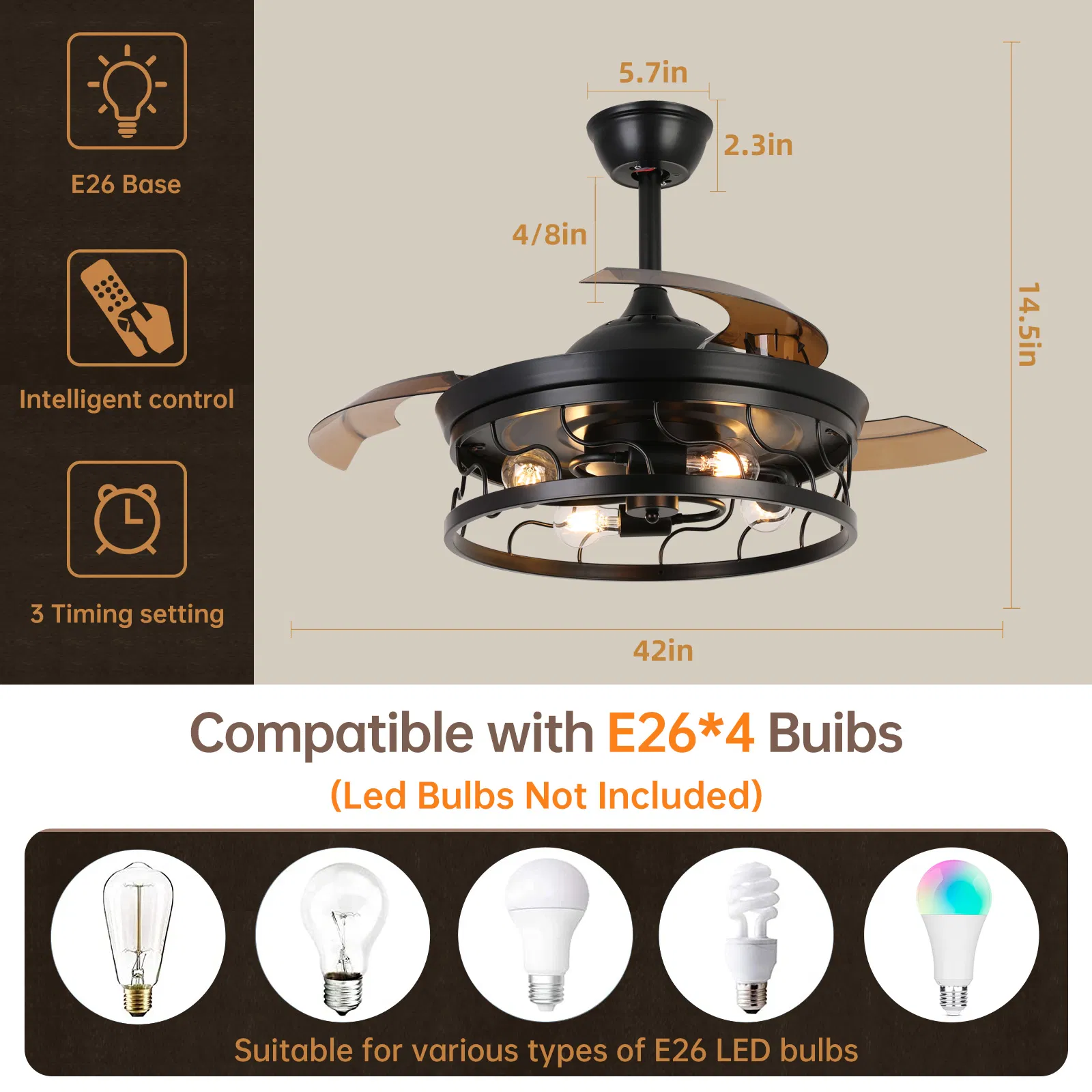 Iron DC Motor Hidden Blades Remote Control Invisible Ceiling Fan with LED Lighting