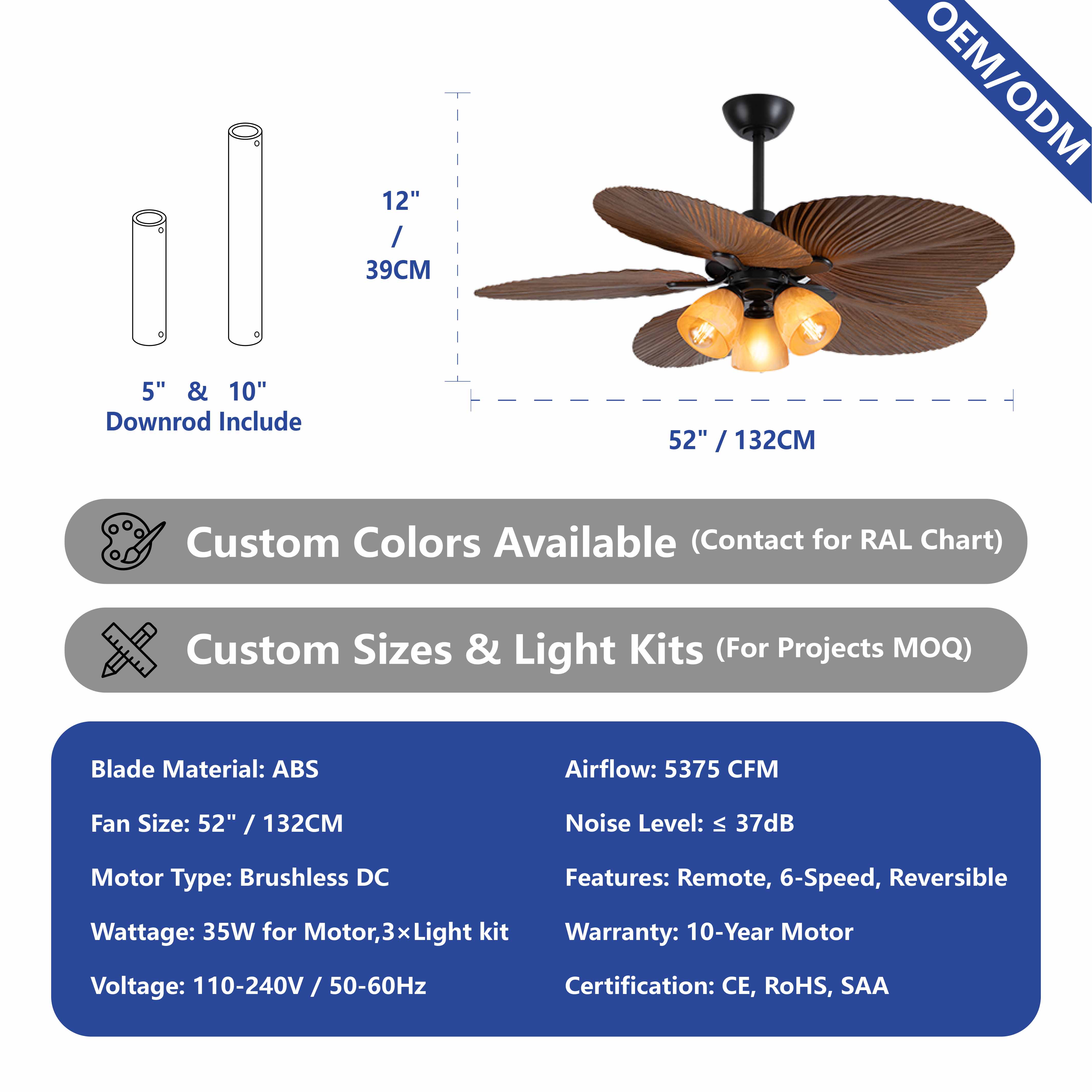 Tropical Fandelier Boho Style 52 Inch Ceiling Fan with Light and Decorative Palm Blade Coastal Design OEM Supplier