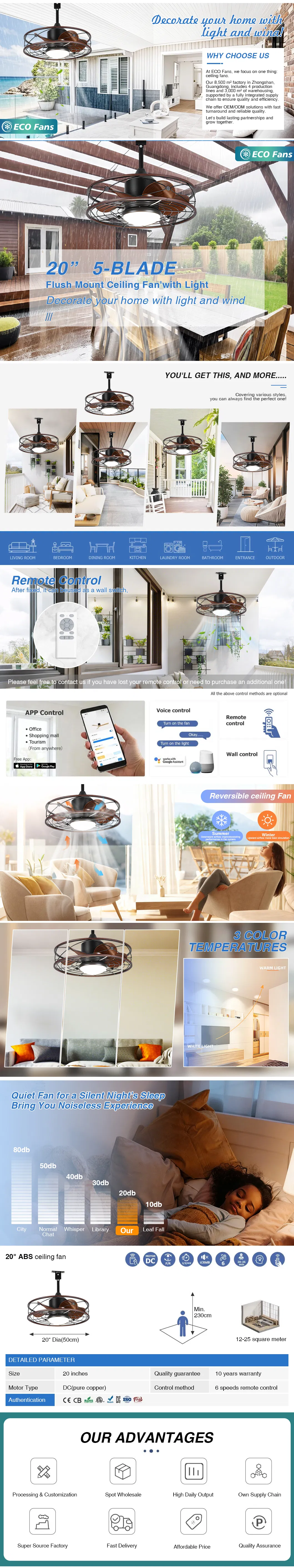 Ceiling Fans with Lights, 20 Inch Waterproof Ceiling Fan with Light and Remote, Reversible DC Motor, Dimmable, for Balcony
