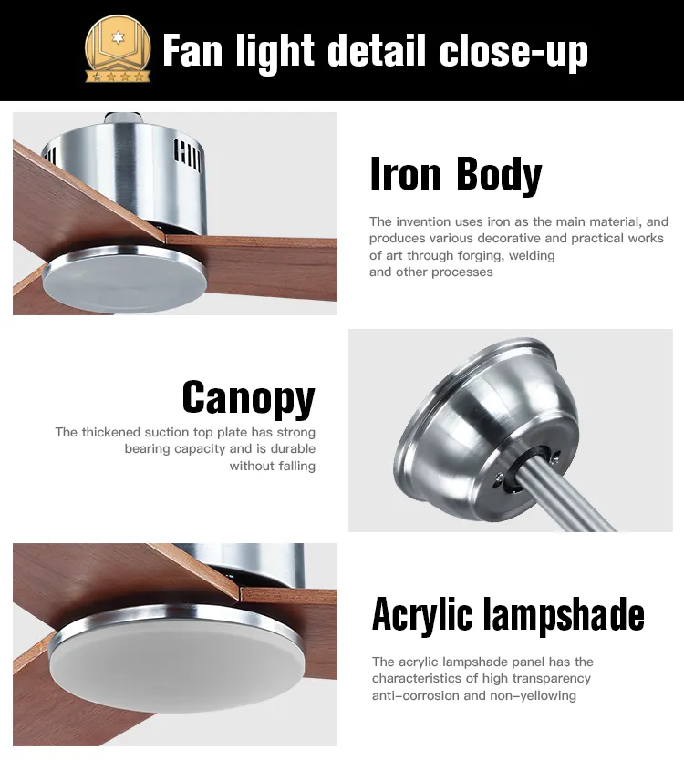 Modern 52 Inch Black Wooden Blade Ceiling Fan with LED Light
