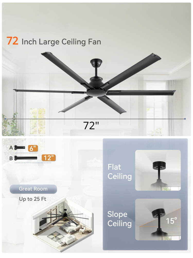 72 Inch Large Industrial Fan and Remote 6 Speed Reversible Quiet DC Motor 6 Aluminum Blade Ceiling Fan Manufacturer