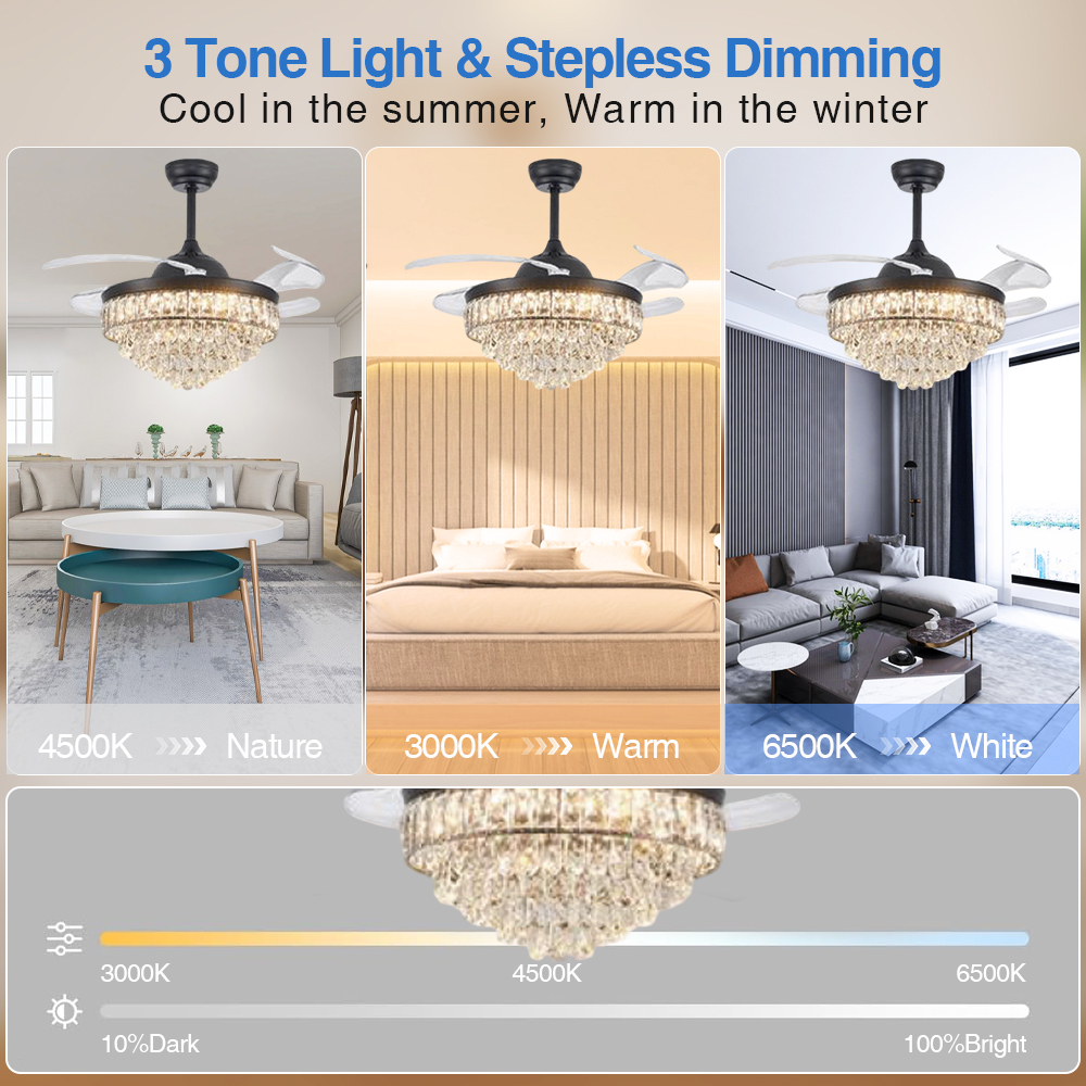 48 Inch Crystal Ceiling Fan With European Style, Smart Remote Control And LED For Living Room Comfort