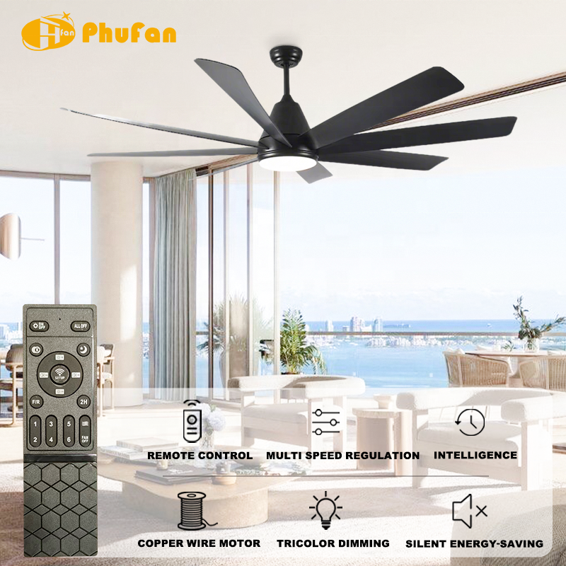 60 Inch 8-Blade Black Ceiling Fan Light LED &amp; 6-Speed Reversible DC Motor Remote Control High Airflow for Large Living Room