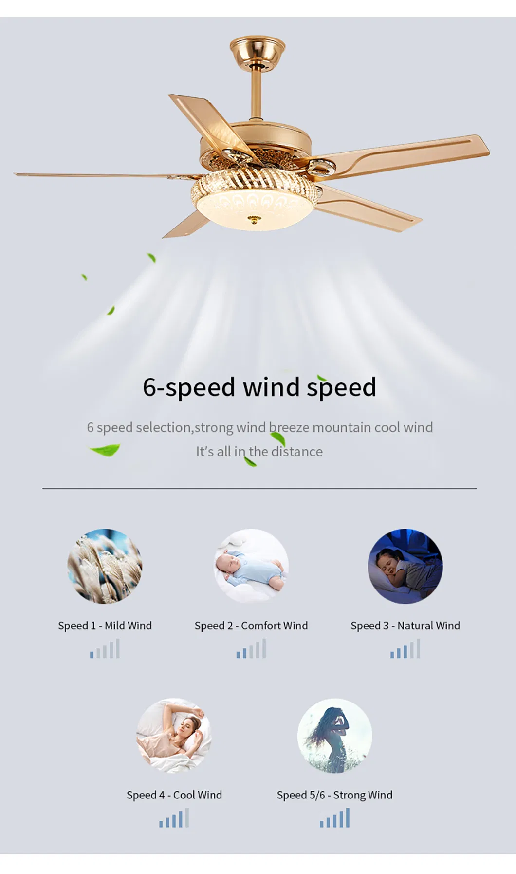 Low Profile Outdoor 5blades Golden DC Motor Silent Ceiling Fan with Light