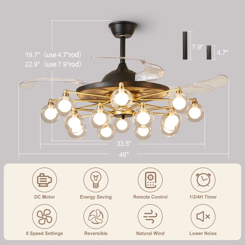 15 Light Crystal Retractable Ceiling Fan and Remote 42inch Modern Carbon Steel Gold Fandelier Ceiling Fan Reversible Blades