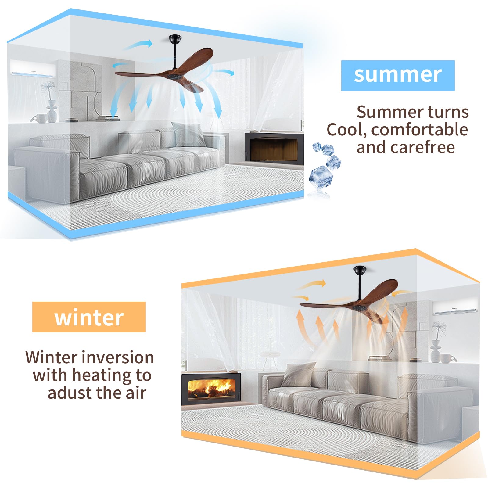 Indoor Ceiling Fan Without Light American Style Solid Wood Blades Quietest Motor for Living Room Garage Farmhouse Ceiling Fan