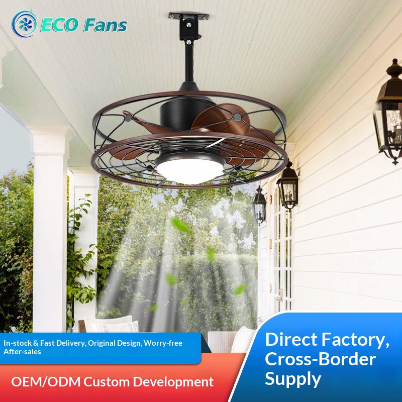 Zhongshan Ceiling Fan Lamp Agi32 Layout Pastoral Design Remote Control Waterproof Outdoor Use Simple Wind Mute Big Wind