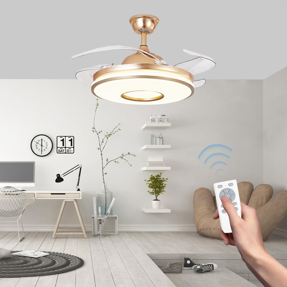 48 Inch Luxury Retractable Ceiling Fan With 4 Invisible Blades, Gold-Black Finish, LED Light And Smart Remote Control
