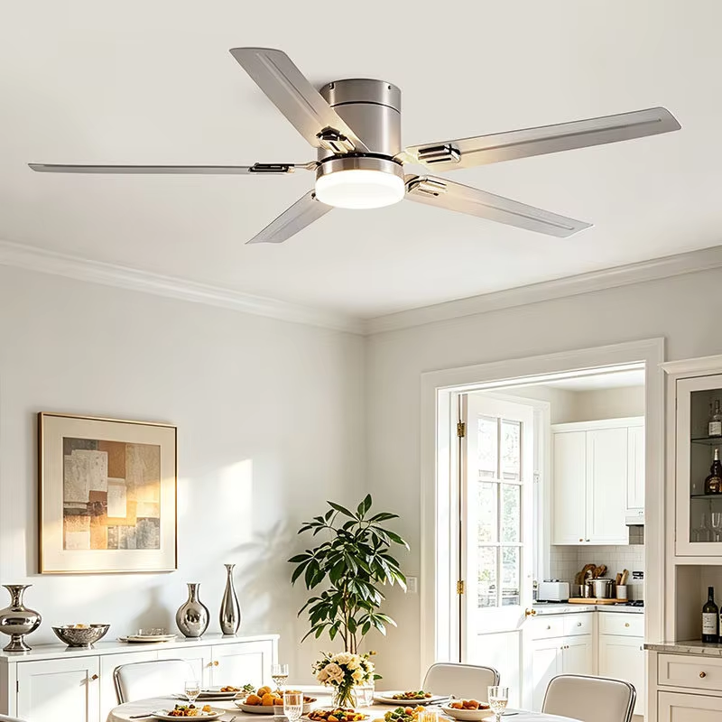 Modern Iron LED Ceiling Fan 5 Blades DC Motor Remote Control Flush Mount Light Indoor 6-Speed Adjustable 3500K Warm White 32-48