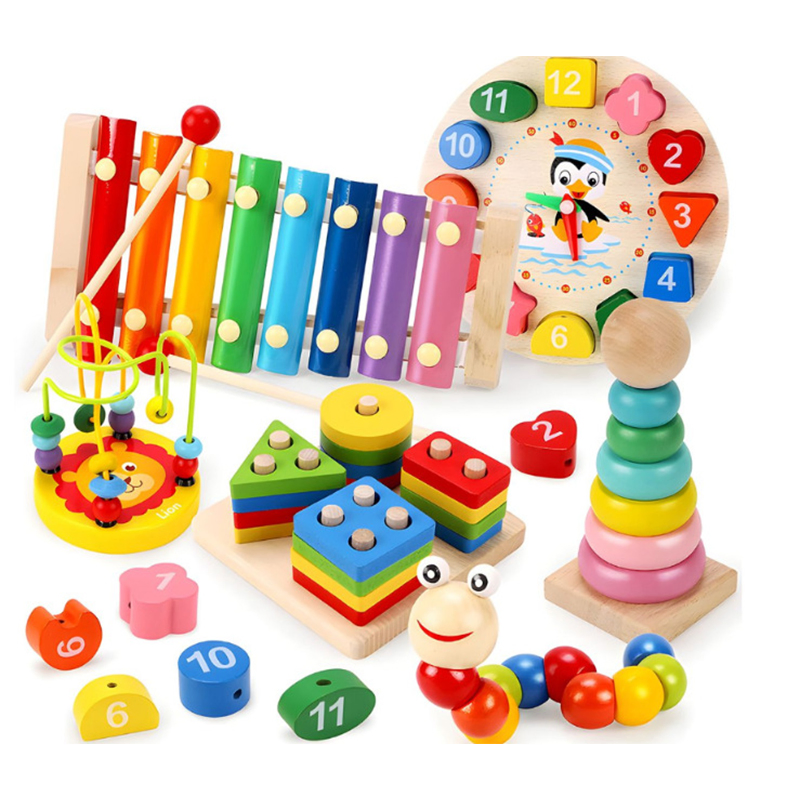 ساعة قوس قزح الخشبية للأطفال ذات الثمانية نغمات، برج بأربعة أعمدة، لوحة شكل دودية تعليمية