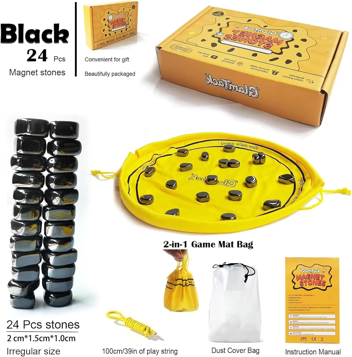 Magnetic Chess Game with 24PC Stones, Magnet Games with String, 2-in-1 Game Mat Bag, Family Games for Kids and Adults
