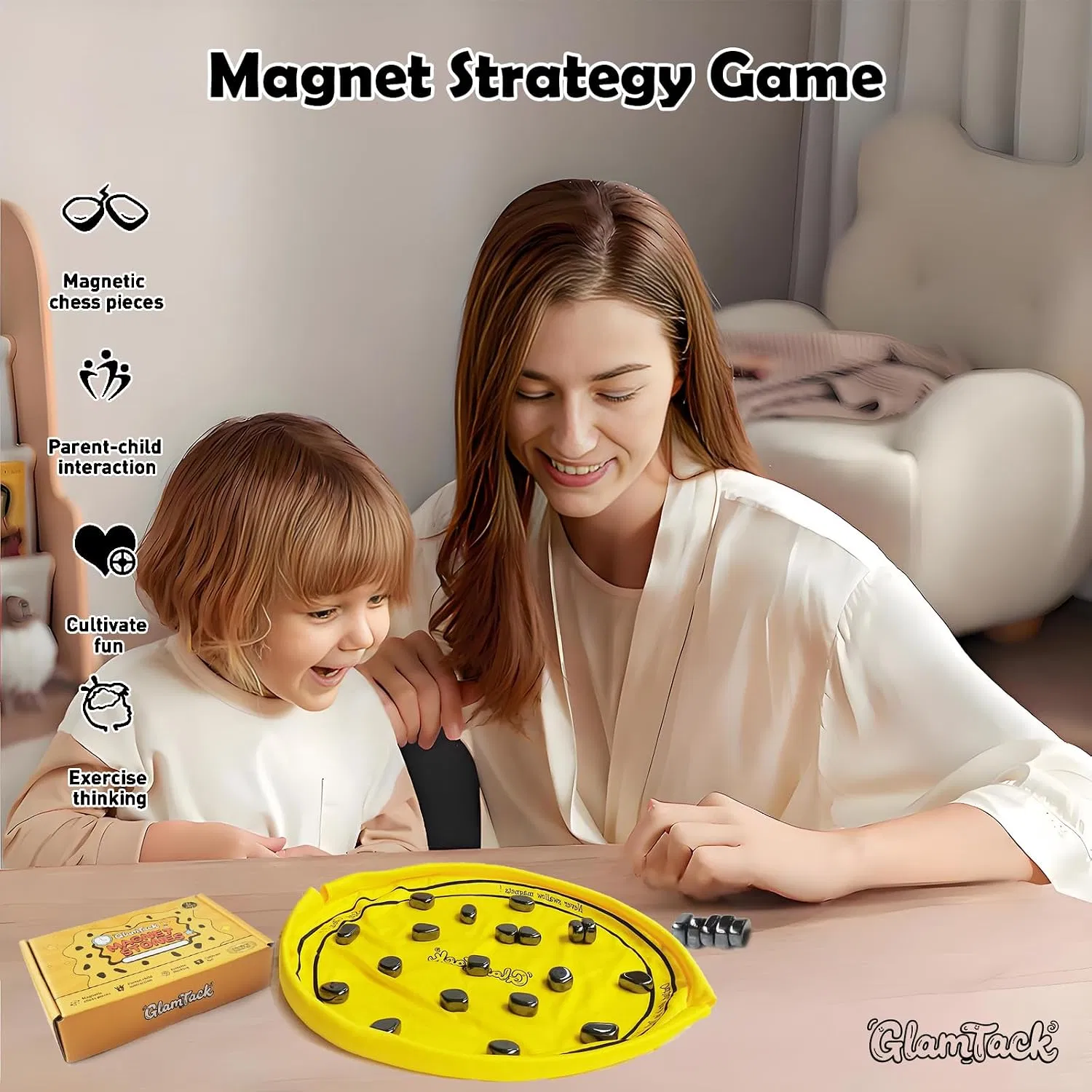 Magnetic Chess Game with 24PC Stones, Magnet Games with String, 2-in-1 Game Mat Bag, Family Games for Kids and Adults