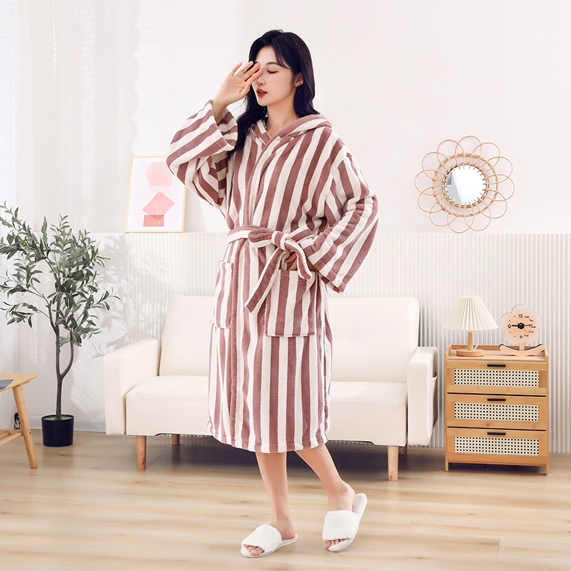 Women's High Quality Warm Long Winter Bathrobe Set Stripe Designer Home Loungewear with Front Logo Fashionable Dressing Gown