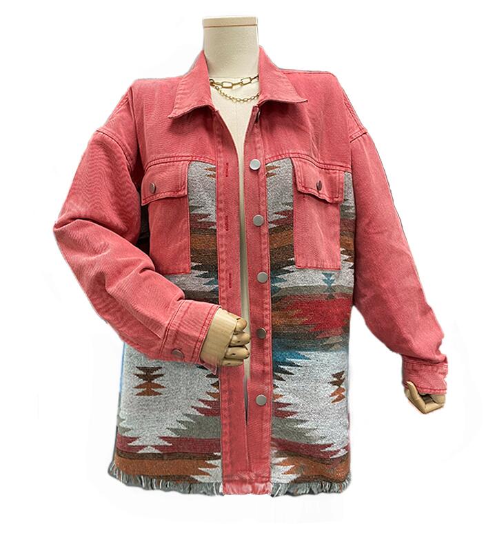 2023 Latest Hot Selling Western Custom Long Sleeve Loose Shacket Coat Outerwear Vintage Denim Aztec Jacket for Women
