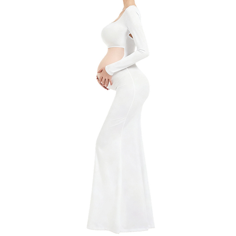 Stock Women's Split Maternity Dress Long Sleeve Ruched Pregnancy Clothes Woven Fabric Square Collar Hollow Back Elegant Mermaid