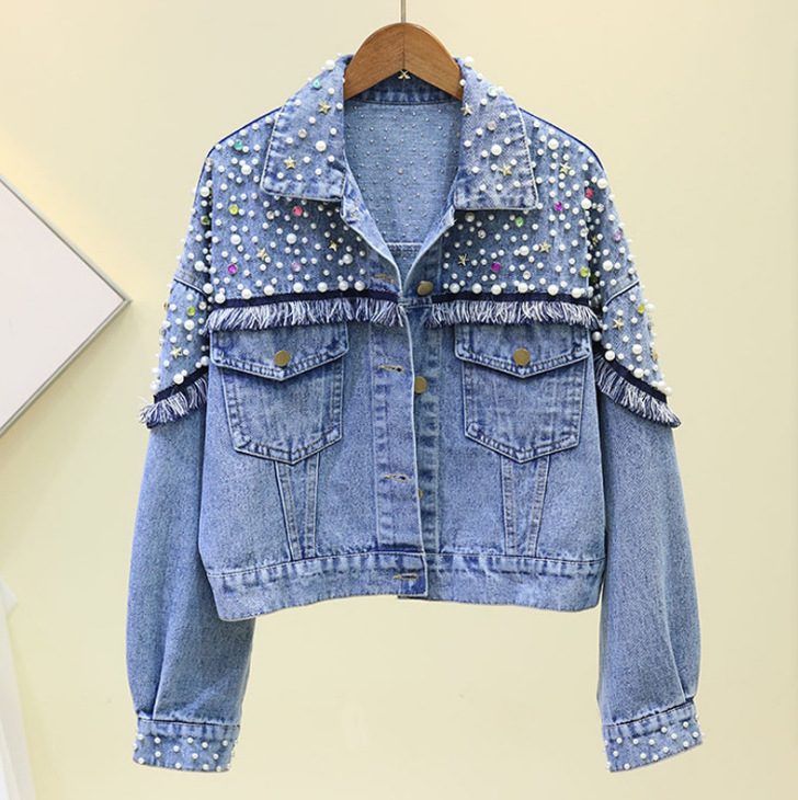 Luxury Ladies Pearl Diamond Long Sleeve Coat Women Denim Jacket With Bead