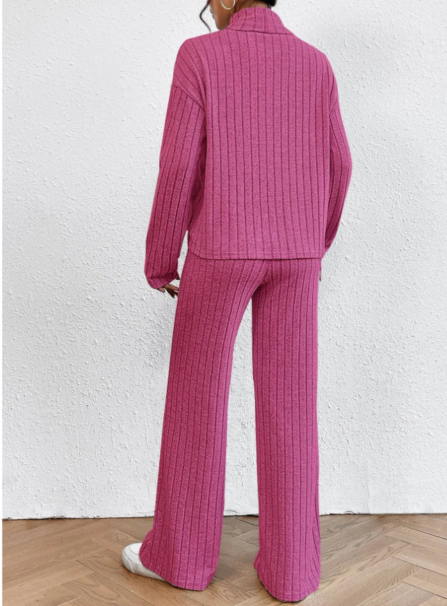 Women's Casual Two-Piece Autumn Winter Knit Wear Set High Neck Long Sleeve Top and Wide Leg Pit Stretch Knit Trousers Outfits