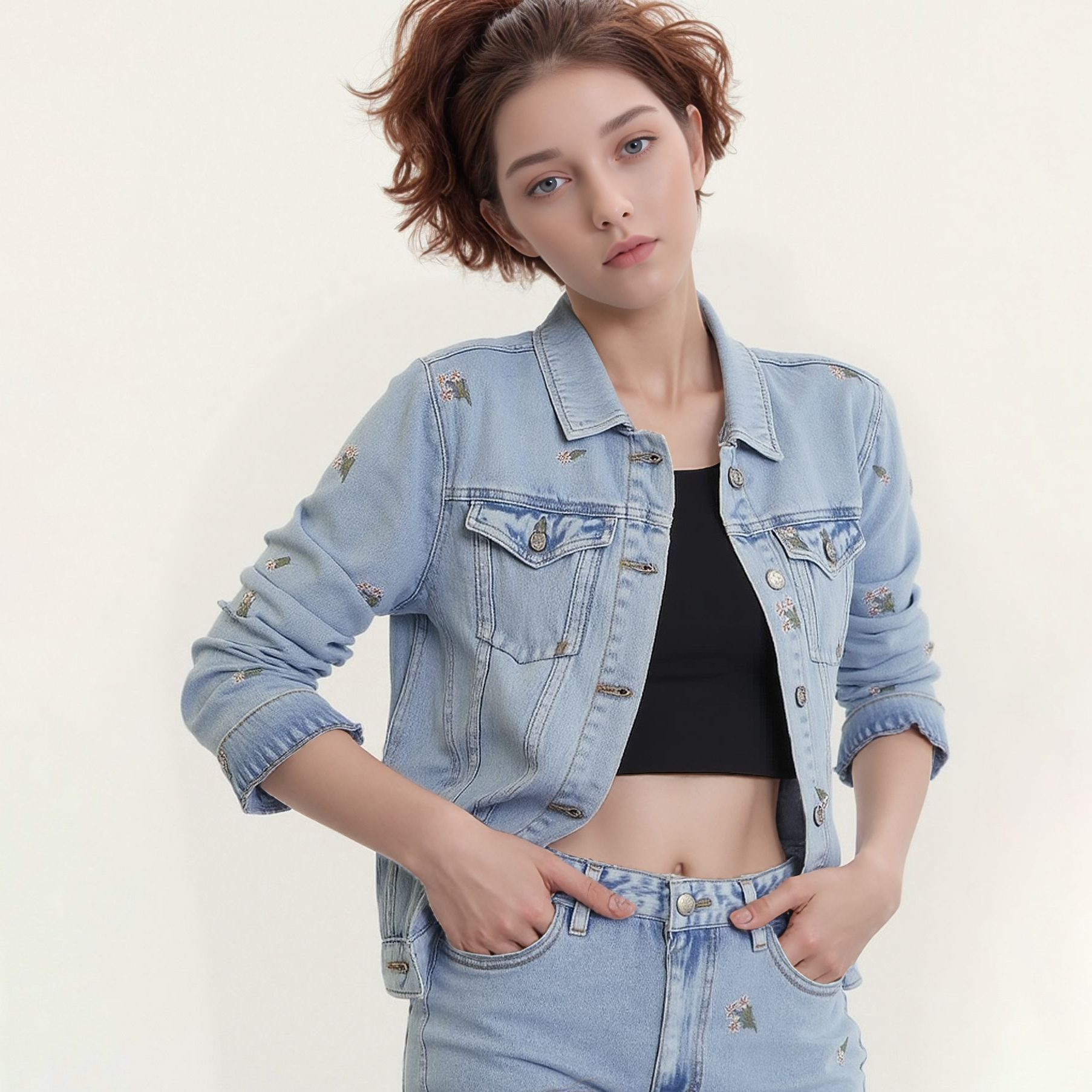 Women Floral Embroidered Denim Jacket Light Blue Jean Coat Fashion Casual Long Sleeve Outwear Spring Autumn Top