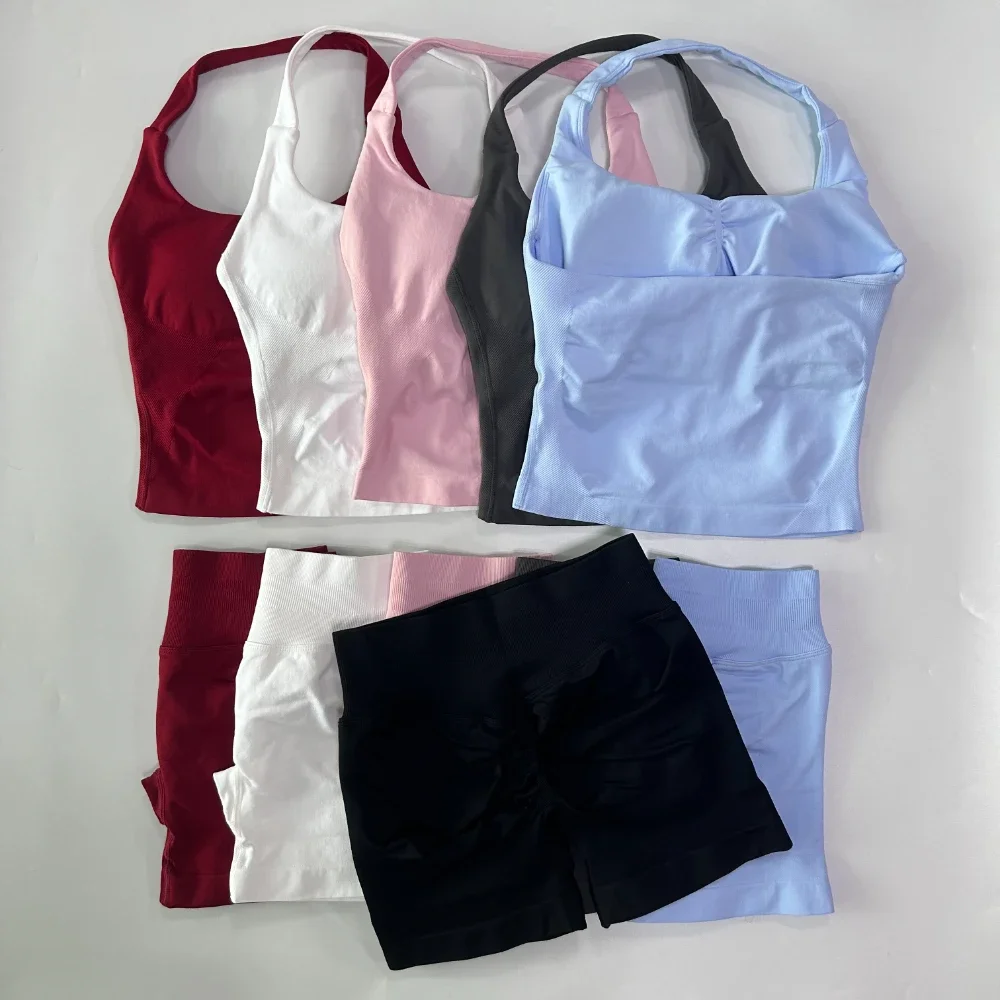 0254 Pieces Impact Sports Women Backless Halter Tops High Waist Seamless Hight Stretch Shorts Gym Suit Sportswear Workout Sets
