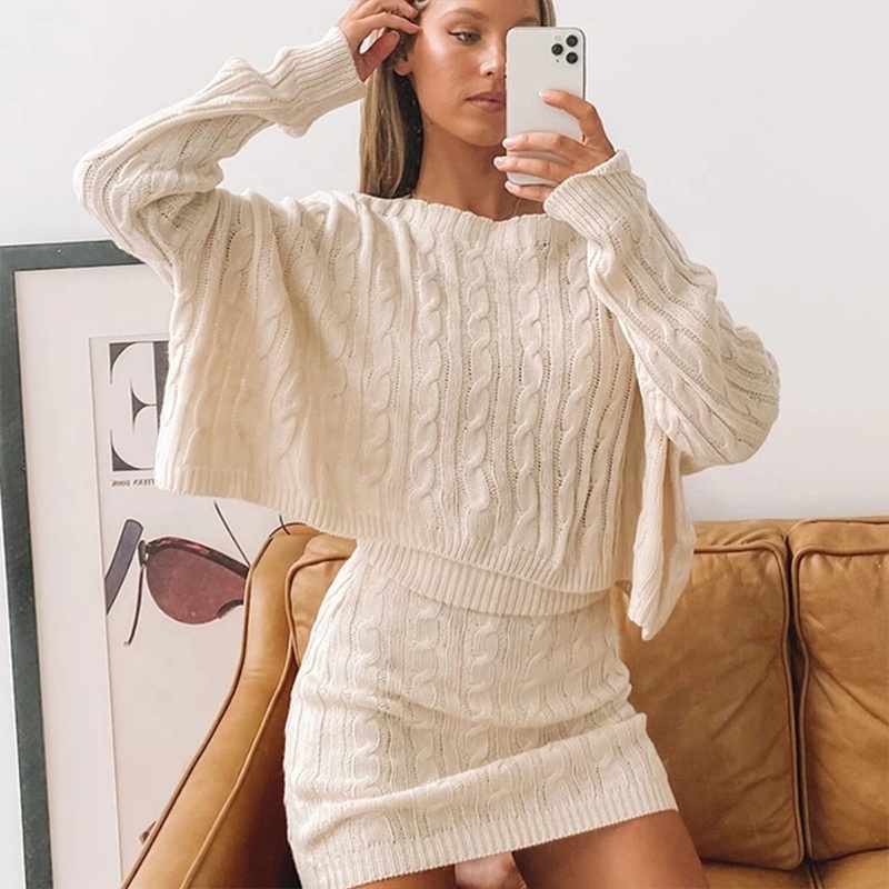 Wholesale Custom Women Knit Sweater 100%Cotton Cable 2 Sets Pieces Solid Color Crew Neck Spring High-Quality Knitwear OEM