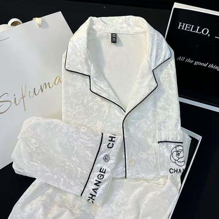 Hot Selling Satin Women's Long Sleeved Cardigan Pants Set Fashionable Spring Autumn Sleepwear for Home Ice Snow-Style