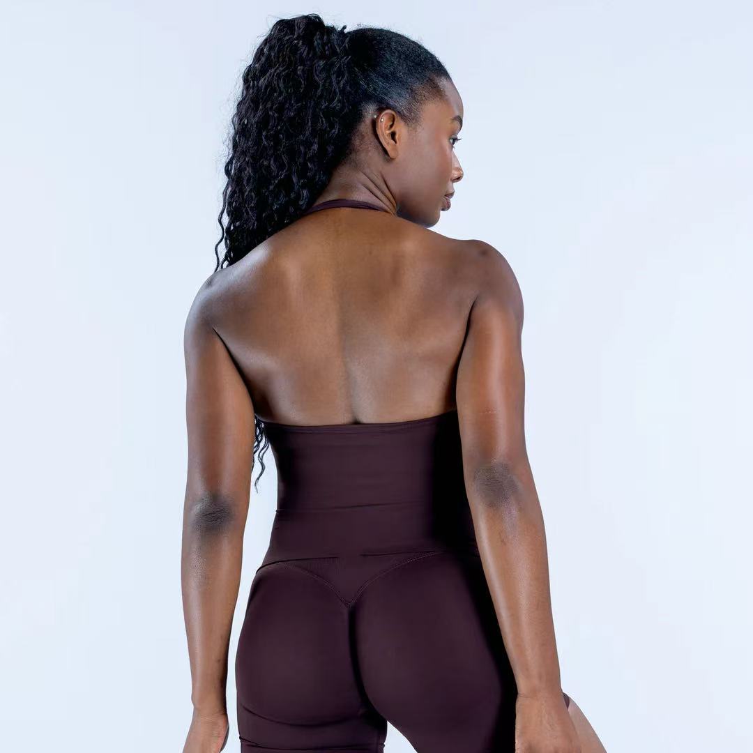 Square Neck Longline Top Built-in Bra with Removable Pads Open Back High Stretch Breathable Yoga Gym Activewear Women Front Logo