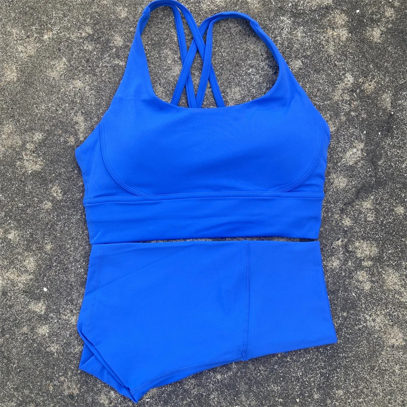 Solid Color Fitness Suit High Waist Short Legging Cross Back Sports Bra Athletic Gym Yoga Short Set Women 2 Piece