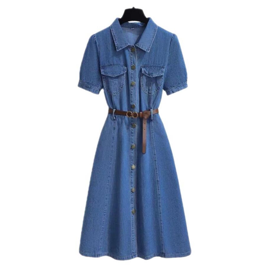 Mid Length Denim Dress Women's Summer Waist Collection Casual Dress with Belt