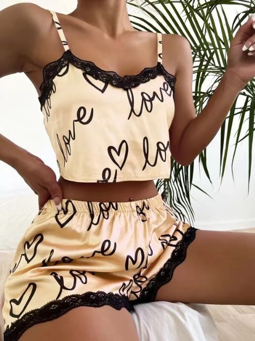 Women 2-Piece Pajama Set Pink Love Print Lace Trim Sleeveless Shorts Sleepwear Summer Sexy Style