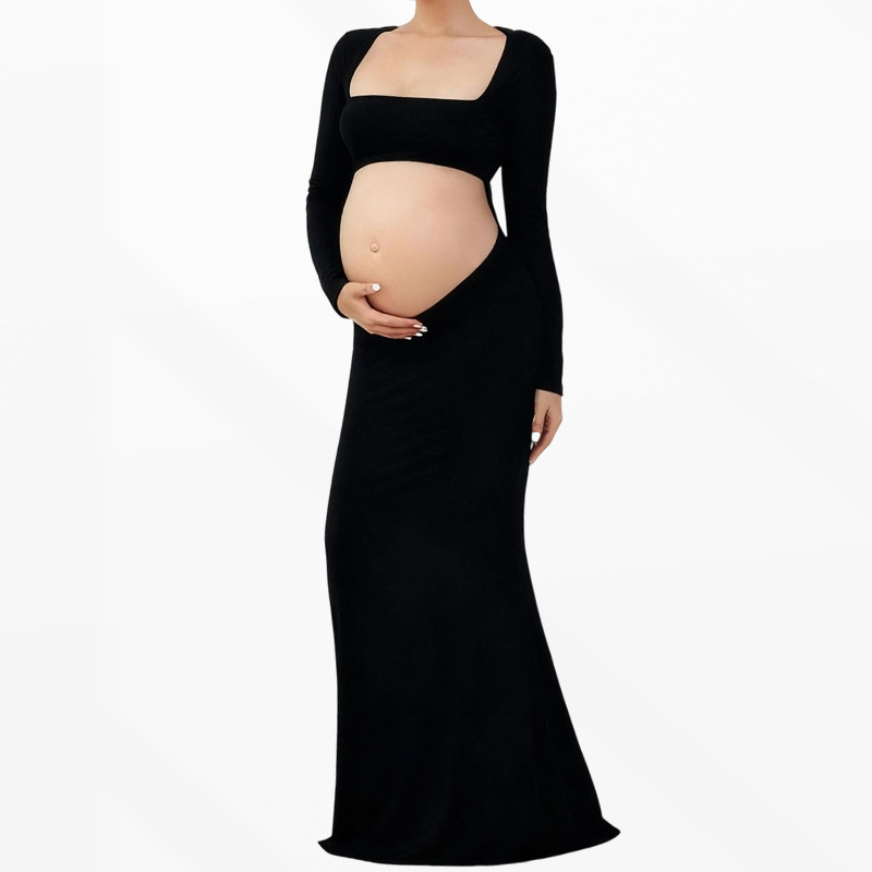 Stock Women's Split Maternity Dress Long Sleeve Ruched Pregnancy Clothes Woven Fabric Square Collar Hollow Back Elegant Mermaid