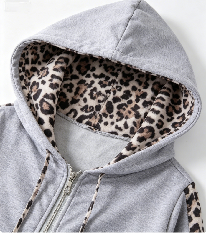 Women's Breathable Spring 2 Piece Loungewear Set Leopard Print Patchwork Gray Hooded Drawstring Hoodie Jogger Pants Tracksuit