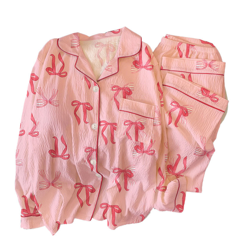 2026 New Bow Design Women's Summer Casual Loungewear Long-Sleeve Set Breathable &amp; Soft Polyester/Cotton