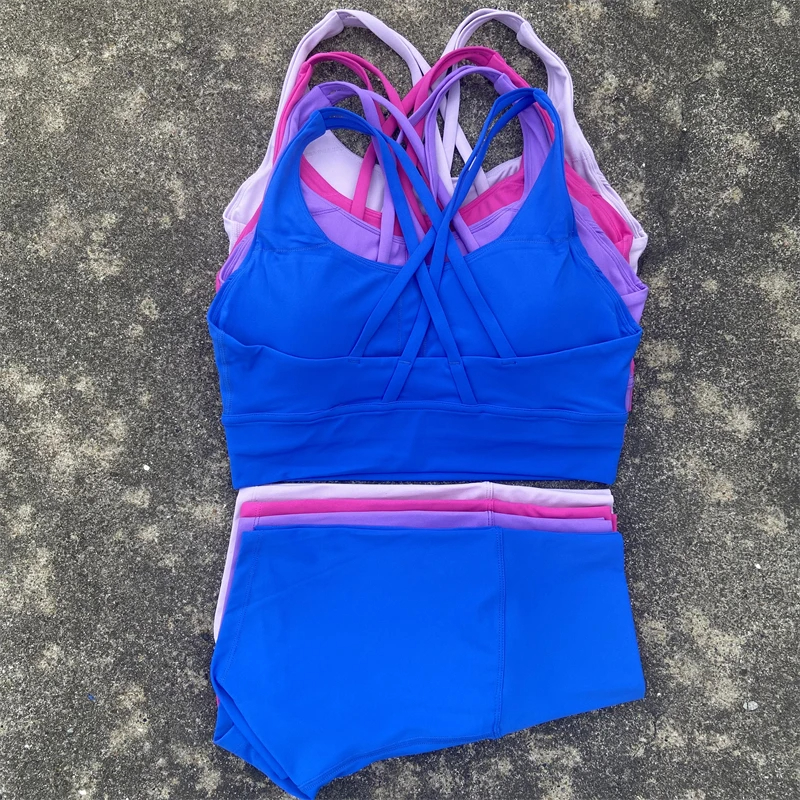 Solid Color Fitness Suit High Waist Short Legging Cross Back Sports Bra Athletic Gym Yoga Short Set Women 2 Piece