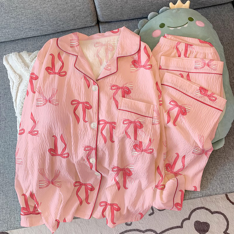 2026 New Bow Design Women's Summer Casual Loungewear Long-Sleeve Set Breathable &amp; Soft Polyester/Cotton