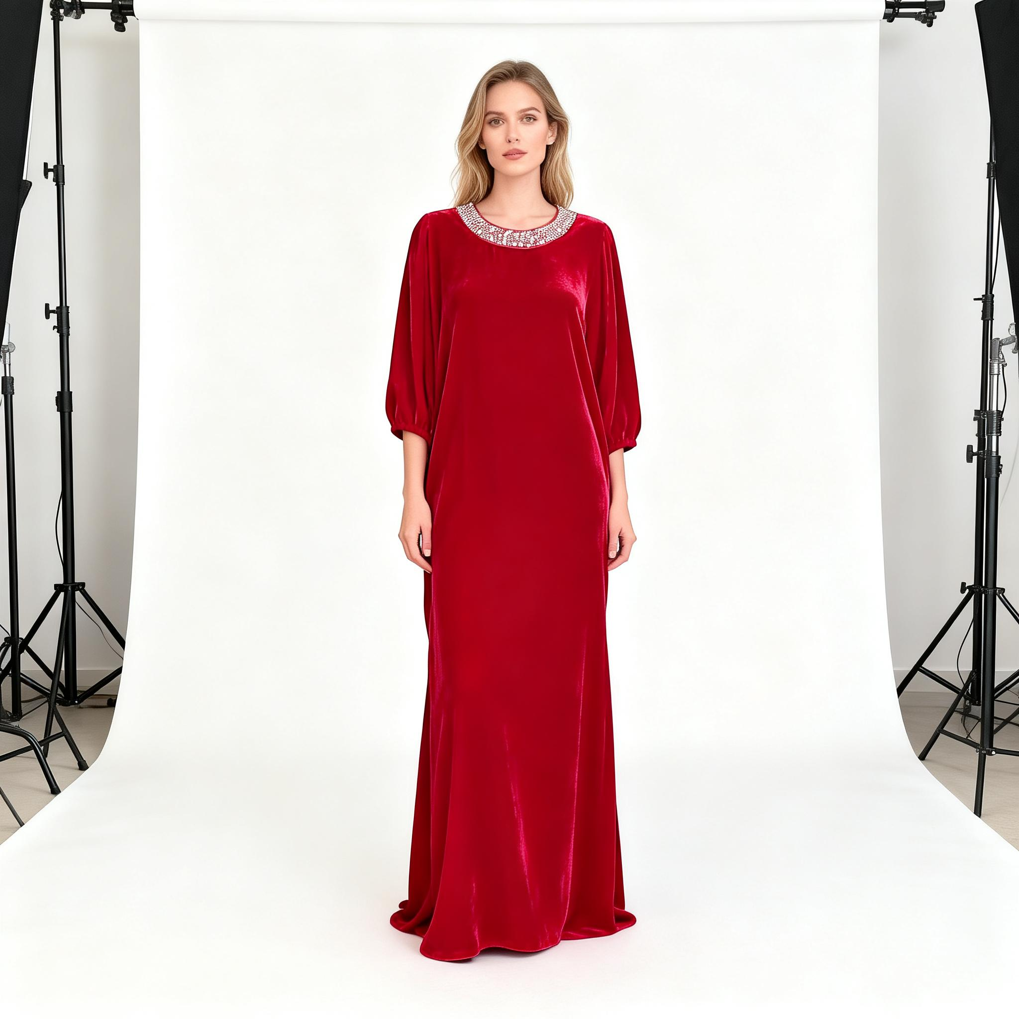 2026 New Velvet Women's Plus Size Floor-Length Elegant Formal Party Dress with Ruffled Neckline Breathable &amp; Eco-Friendly Fabric
