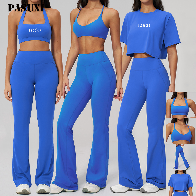 PASUXI Wholesale Women Sports Gym Wear Workout Set Tights Crop Top 2 Pieces Seamless Long Sleeve Fitness Yoga Set