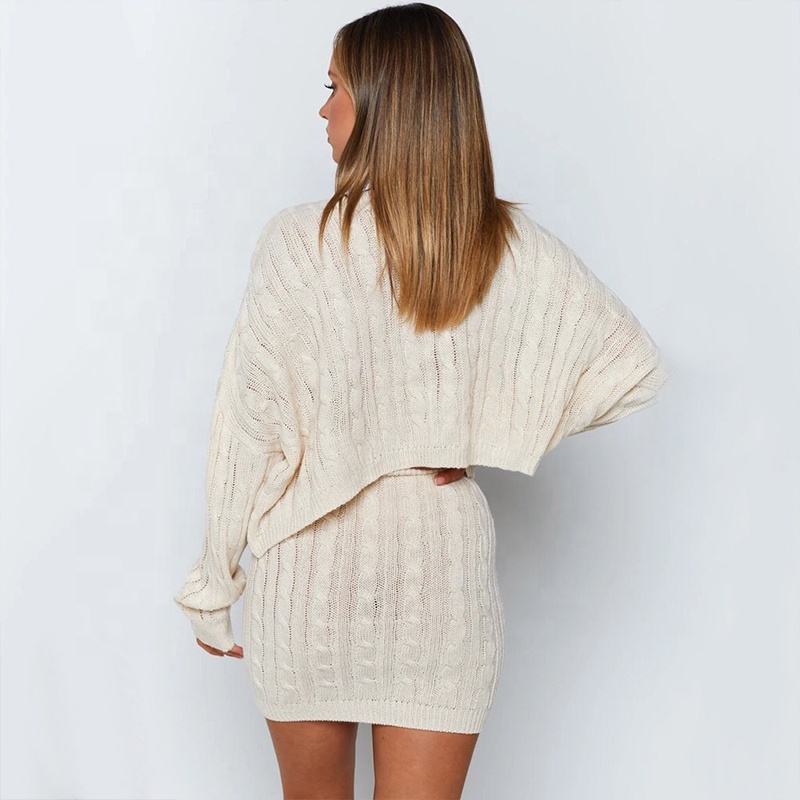 Wholesale Custom Women Knit Sweater 100%Cotton Cable 2 Sets Pieces Solid Color Crew Neck Spring High-Quality Knitwear OEM