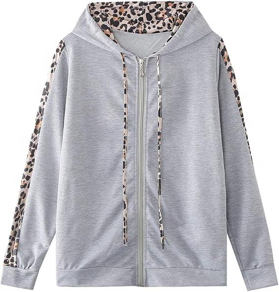 Women's Breathable Spring 2 Piece Loungewear Set Leopard Print Patchwork Gray Hooded Drawstring Hoodie Jogger Pants Tracksuit