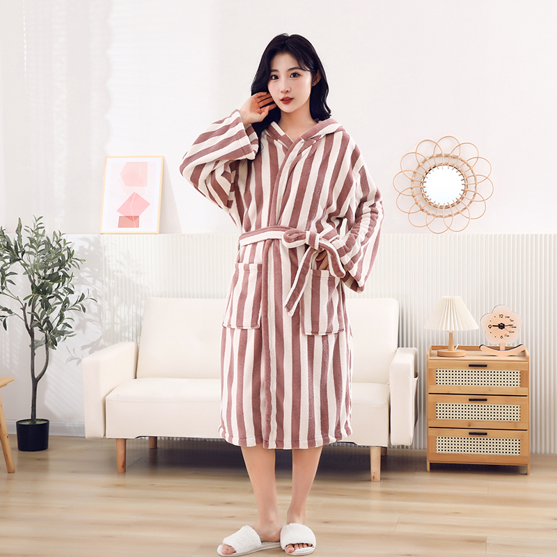 Women's High Quality Warm Long Winter Bathrobe Set Stripe Designer Home Loungewear with Front Logo Fashionable Dressing Gown