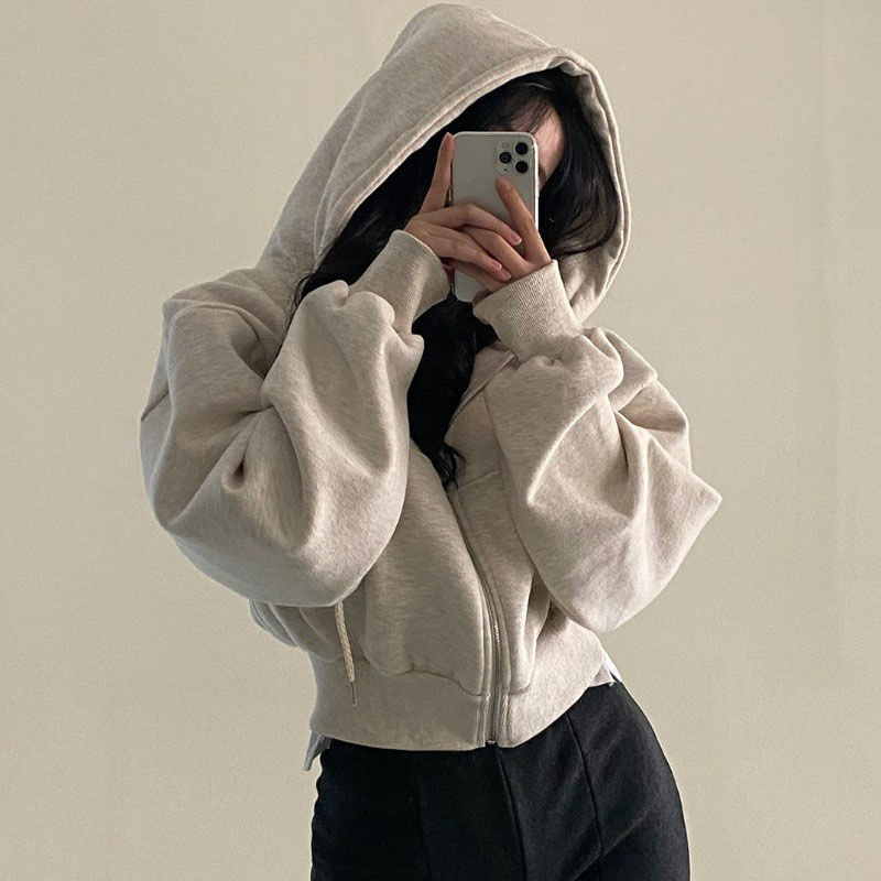 Zipper Hooded Batwing Sleeve Full Sleeve Short Zip Up Hoodie Jacket Women's Korean Style Ins2025 Autumn Winter Loose Fashionable