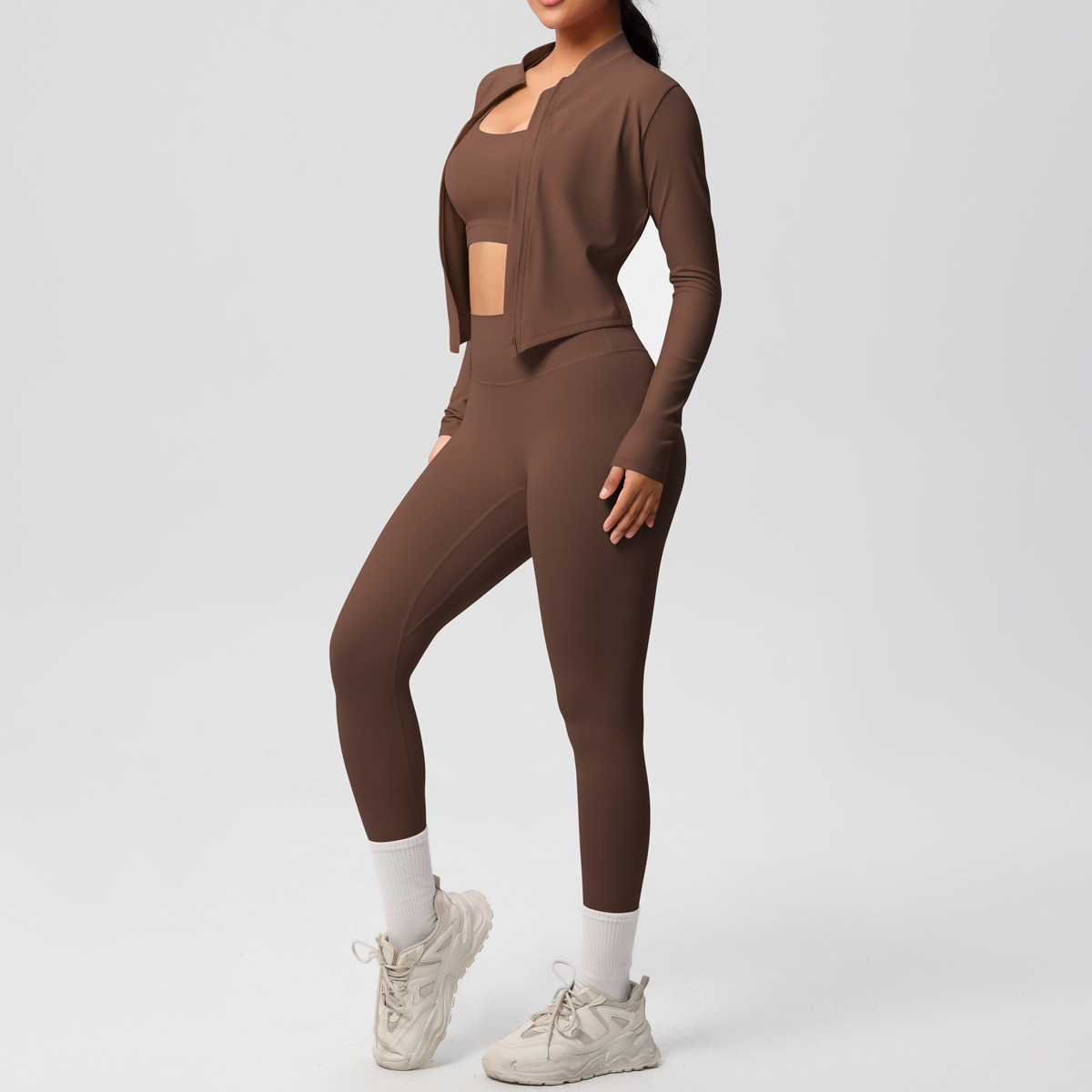 Women's Active Wear Gym Yoga Run Workout Sportswear Fitness 3PCS Clothing Sets Long Sleeve Tops Zipper Jacket High Solid Front
