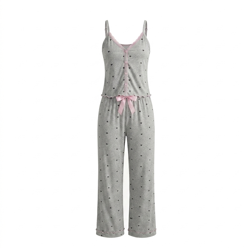 Wholesale Custom Soft Cotton Loungewear for Women Front Lace Trim Hearts Print Cami Top Pajama Pants Set Plus Size Summer