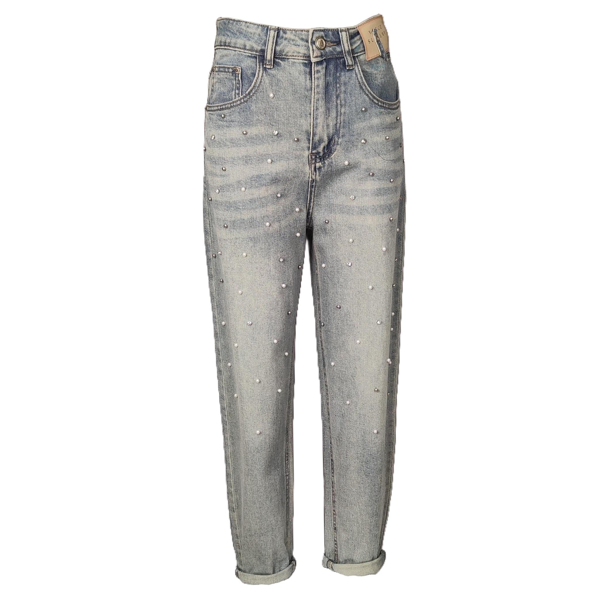 Women's Mid-Rise Ankle-Length Jeans, Rhinestone &amp; Bead Embellished, Vintage Light Wash Harem Denim Pants