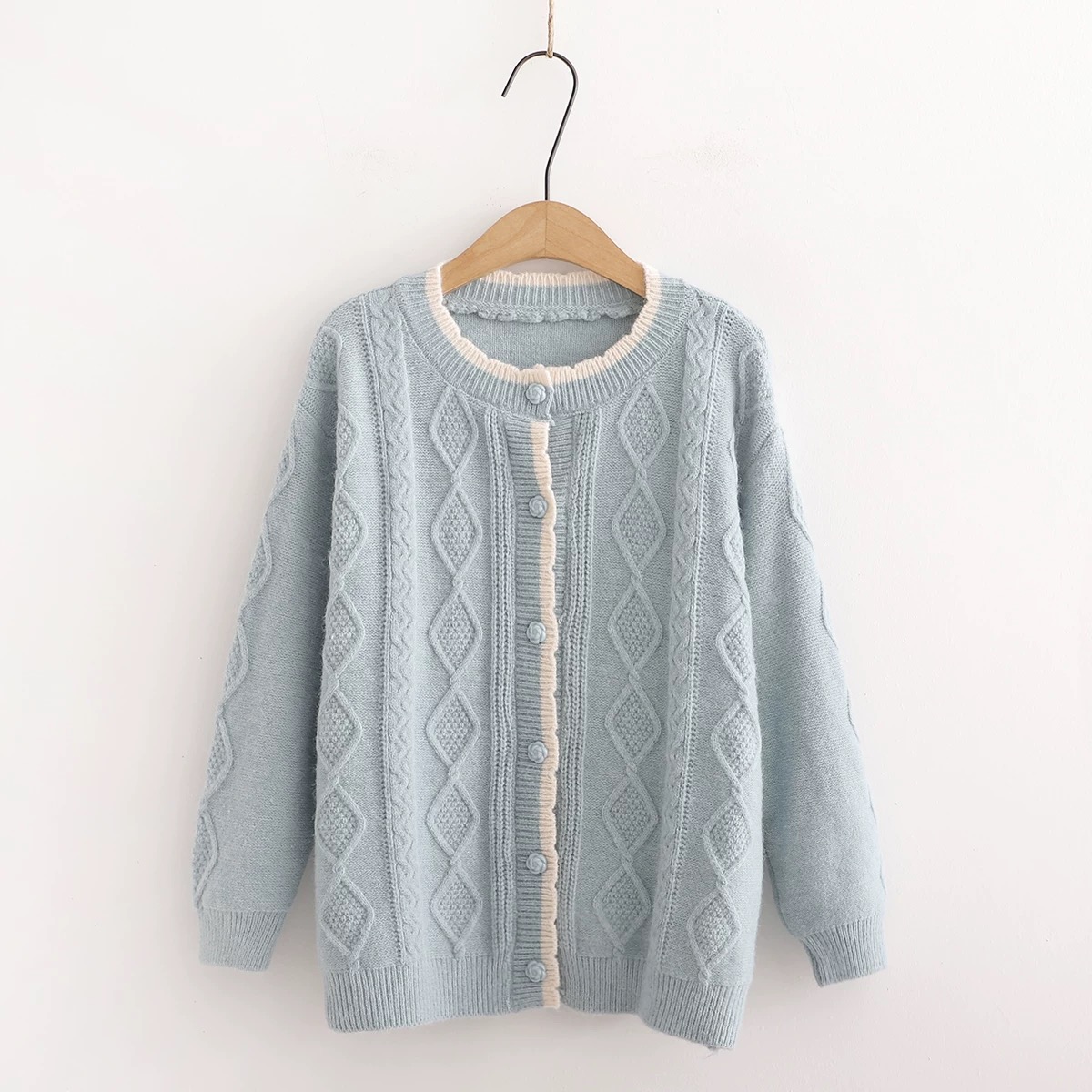 Custom Women Knit Sweater Long Sleeve Crew Neck Ladies Sweater Preppy Style Cable Drop Shoulder Button Women Knit Cardigan