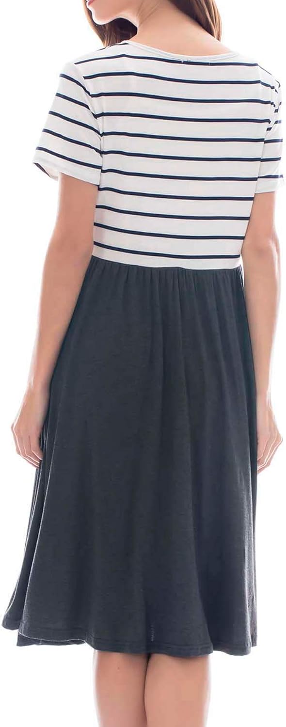 Women's Autumn Natural Waist Woven Digital Printed Eco-Friendly Striped Round Neck Short Sleeve Casual Maternity Nursing Dress